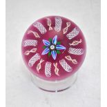 Paul Ysart paperweight - Pink and blue striped lampwork flower within a latticino white and orange