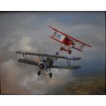 T J Oswald - 'Sopwith Camel F1 and Fokker DVII Western Front 1918', oil on board, signed lower