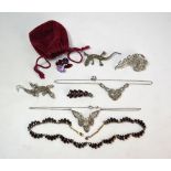 A collection of various jewellery items including two marcasite set lizard brooches, marcasite set