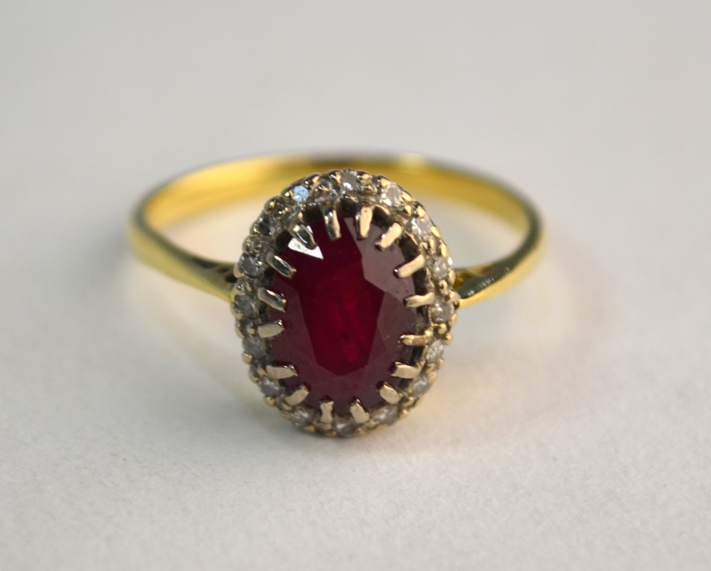 A ruby and diamond oval cluster ring, yellow and white claw setting, size P, not marked - Image 2 of 6