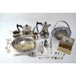 An electroplated four-piece tea service, to/w two oval fruit baskets, souvenir spoons, etc. (box)