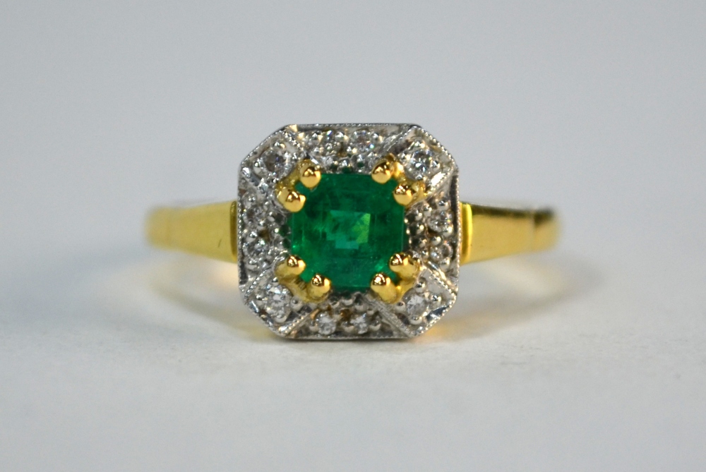 An emerald and diamond square cluster ring, 18ct yellow and white gold claw and millgrain setting, - Image 2 of 4