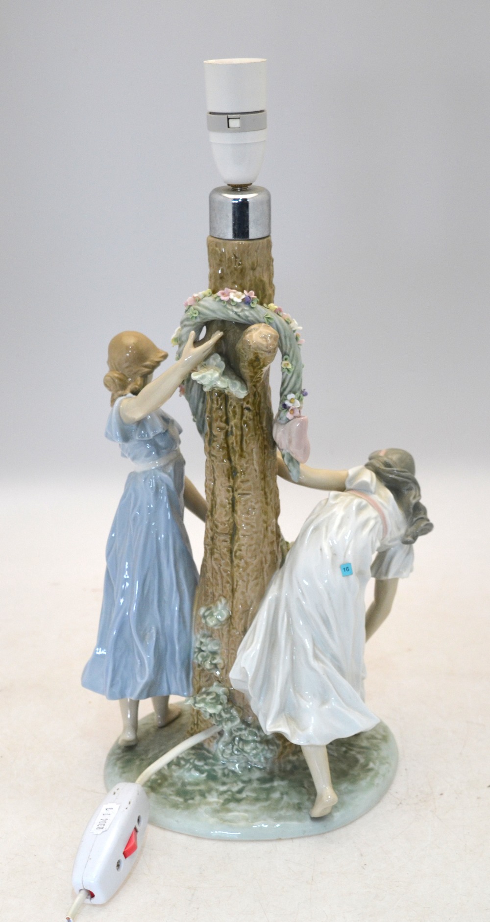 A Lladro lamp base with two maidens decorating a tree with a floral garland, 1607 impressed to base, - Image 2 of 2