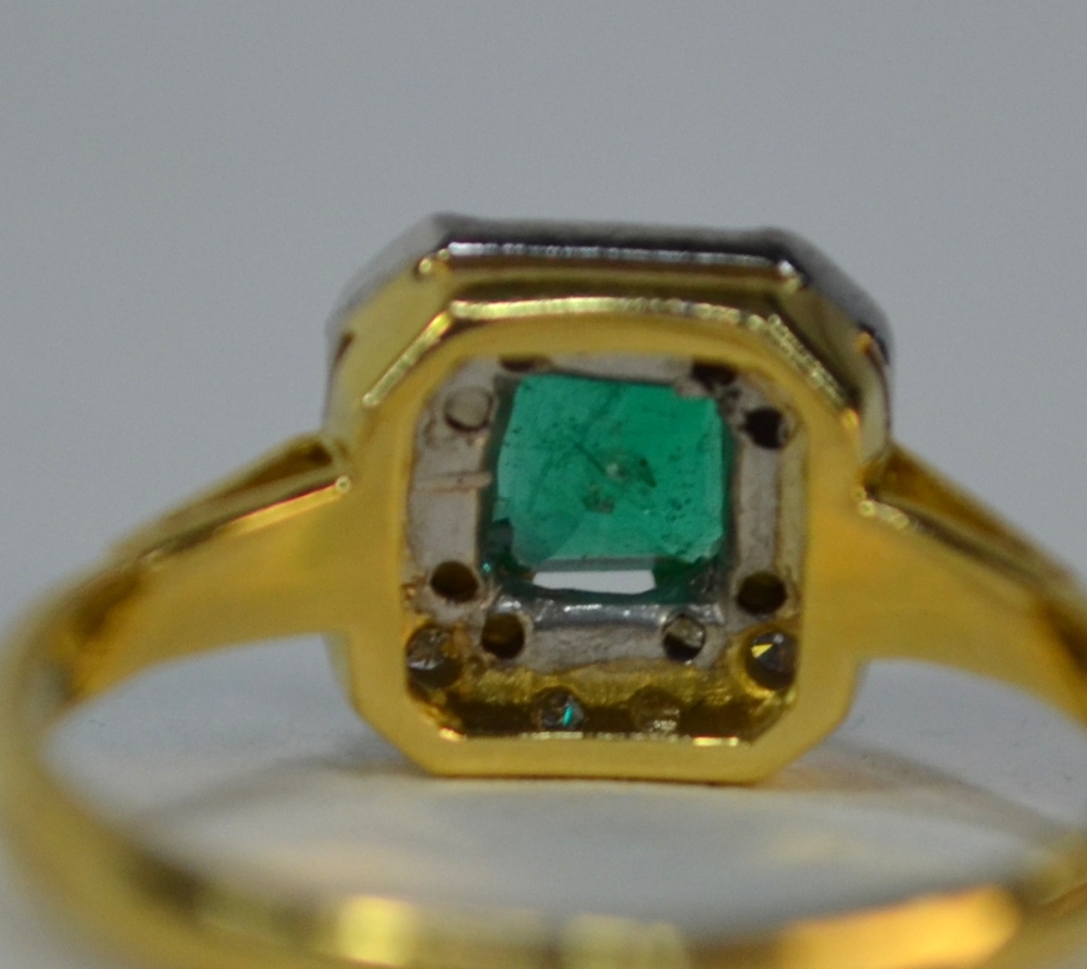 An emerald and diamond square cluster ring, 18ct yellow and white gold claw and millgrain setting, - Image 3 of 4