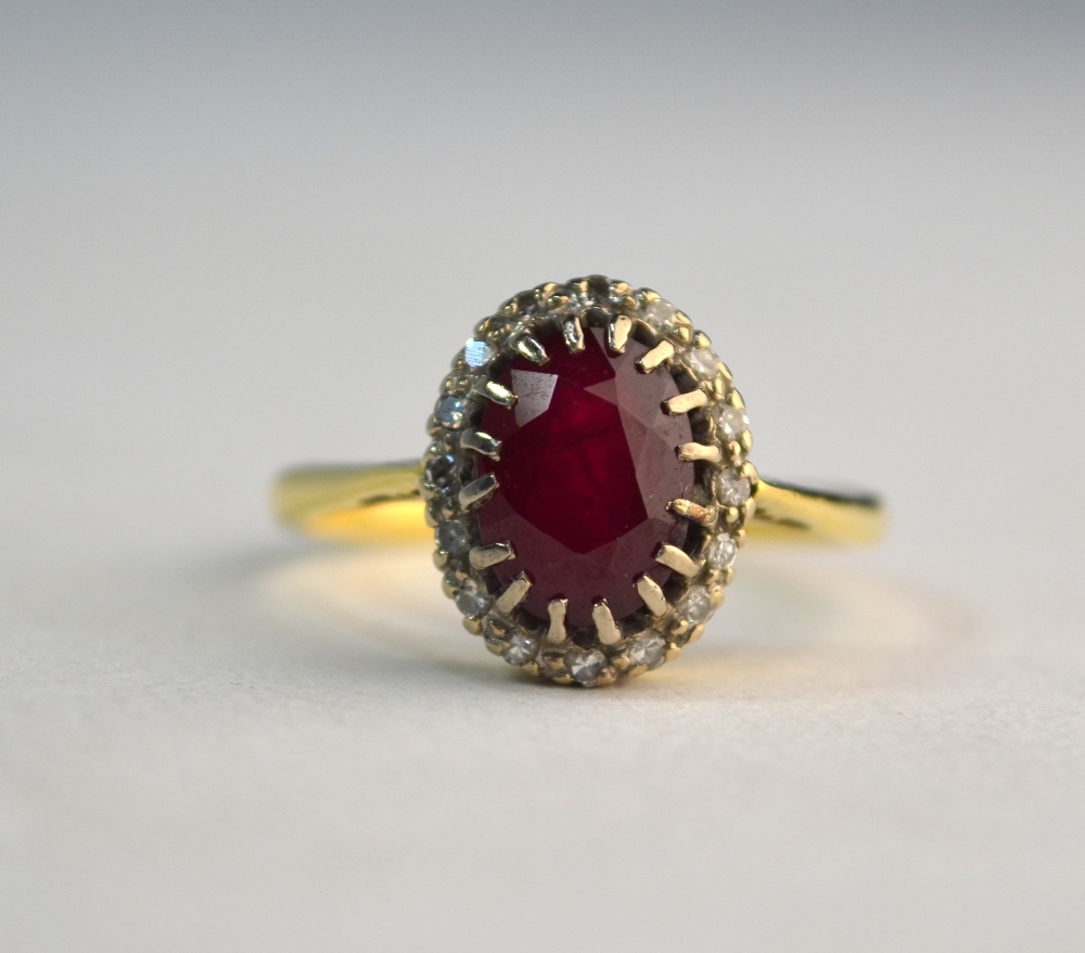 A ruby and diamond oval cluster ring, yellow and white claw setting, size P, not marked - Image 3 of 6