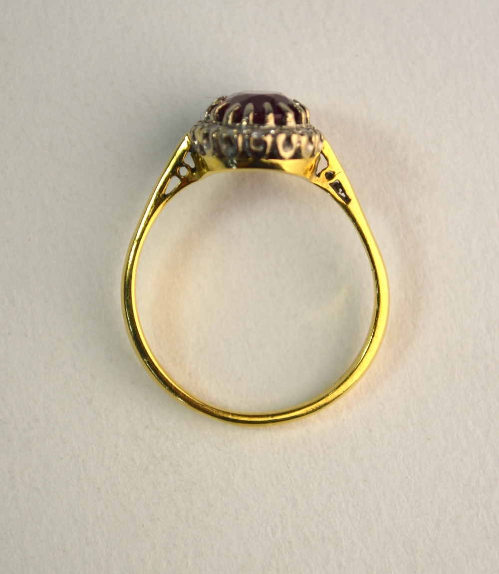 A ruby and diamond oval cluster ring, yellow and white claw setting, size P, not marked - Image 6 of 6