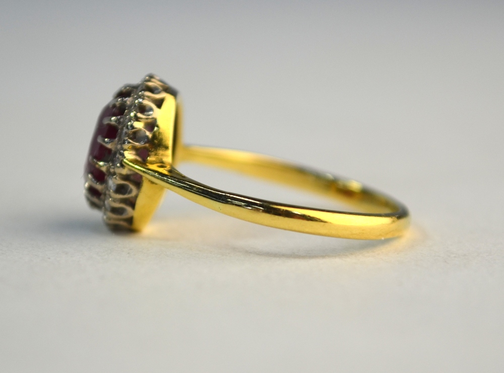 A ruby and diamond oval cluster ring, yellow and white claw setting, size P, not marked - Image 4 of 6