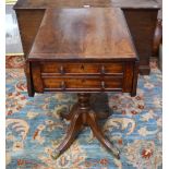 A Victorian cross-banded flame mahogany work table, the drop leaf top with rounded corners over