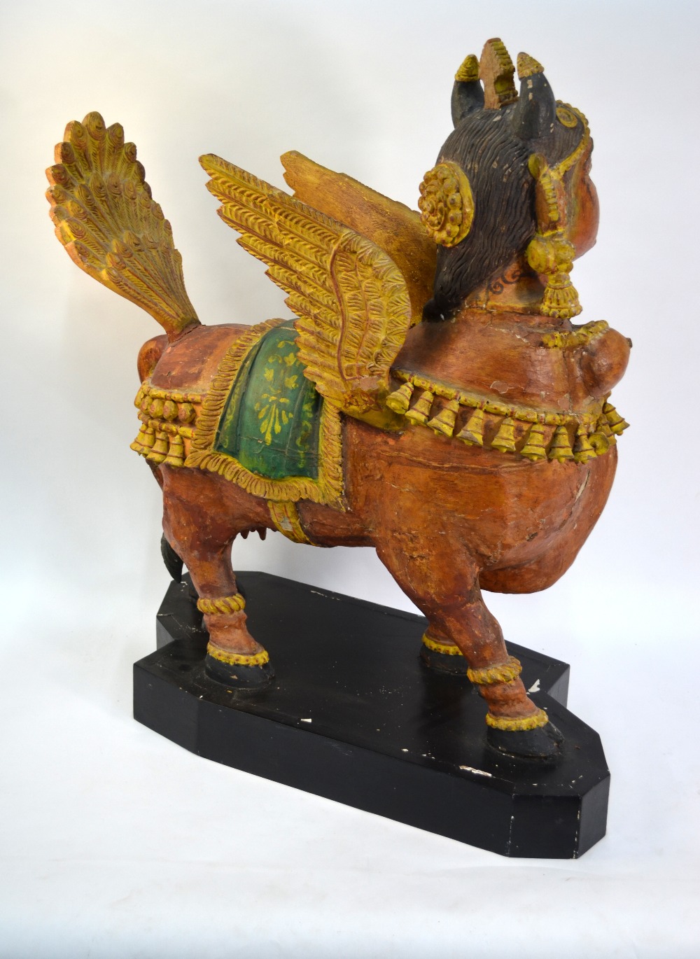 A Tamil Nadu, or other Asian, polychrome wood figure of a winged Kamadhenu, dimensions without stand - Image 12 of 13