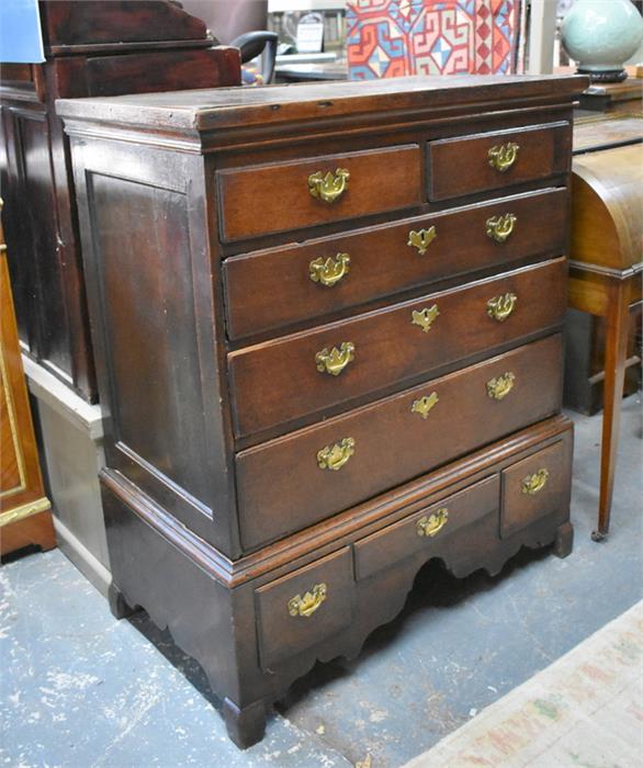 An 18th century oak chest on stand with two short, three long graduated drawers, the stand with - Image 2 of 4