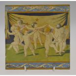 A 19th century Minton Collins & Co tile painted with a ring of putti within a blue scrolling