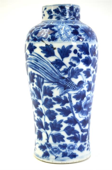 A Chinese blue and white vase, decorated with long-tailed birds, peony heads and dense foliage, 19 - Image 3 of 14