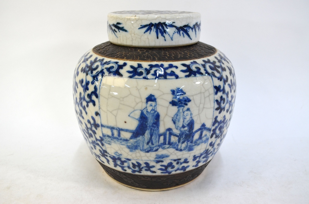 A large underglaze blue decorated Chinese vase with cylindrical cover; decorated with a Scholar - Image 9 of 12