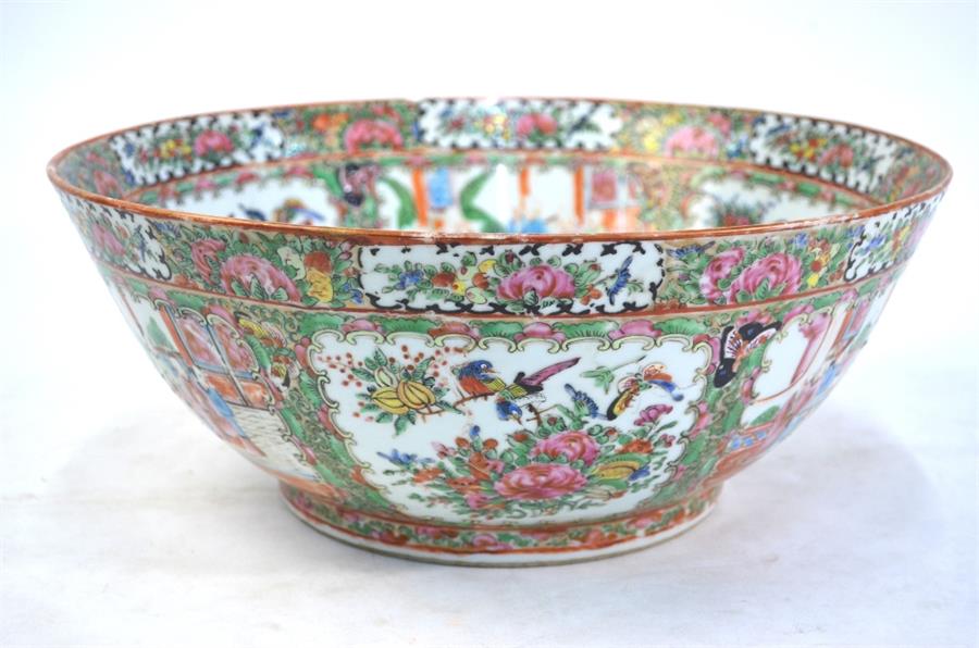 A large Canton famille rose punch bowl, decorated with typical panels depicting Natural History - Image 6 of 12