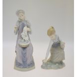 Two Lladro figures - Seated lady with basket of sewing, 1980, 29.5 cm and a Girl picking flowers, 22