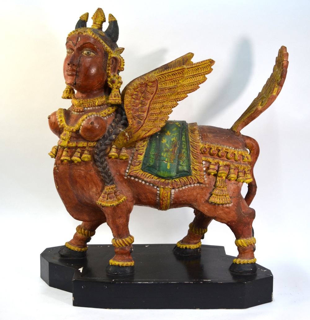 A Tamil Nadu, or other Asian, polychrome wood figure of a winged Kamadhenu, dimensions without stand - Image 10 of 13