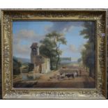 A 19th century French clock-painting with oil on canvas village view with figures and cattle