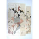 Four Shunga pictures of amorous Japanese couples, each one approximately hashira-e format; the