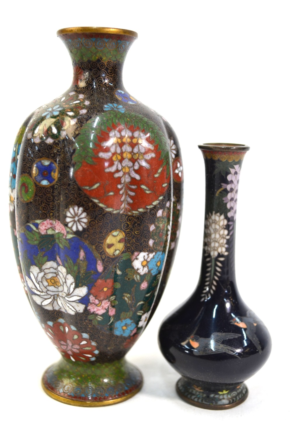 A Japanese cloisonne vase with a kacho-ga of two swallows beneath wisteria, unsigned, 9 cm high, - Image 9 of 10