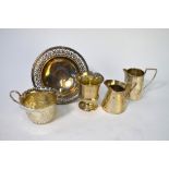 Three various silver cream jugs, to/w a sweetmeat bowl with pierced rim and a small Sterling vase (
