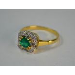An emerald and diamond square cluster ring, 18ct yellow and white gold claw and millgrain setting,