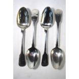 Four George IV Irish silver fiddle pattern tablespoons with rat-tail backs, Christopher Eades,