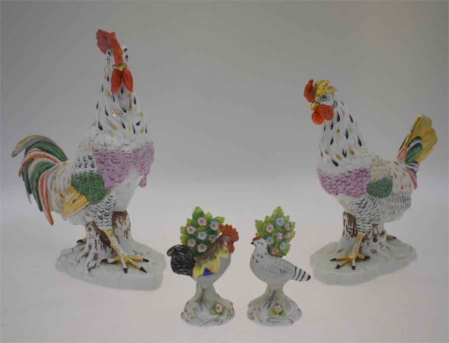 A pair of continental porcelain models of a cockerel, 26.5 cm amd chicken, 21.5 cm, both standing on - Image 2 of 21
