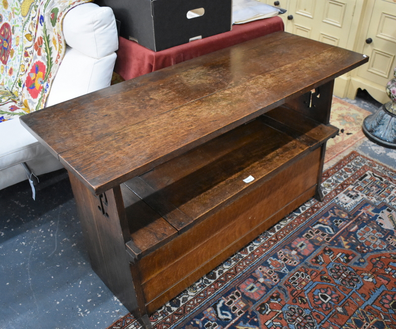 An Arts and Crafts period monks bench, the top hinging over to form a seatback, over a box seat with - Image 3 of 6
