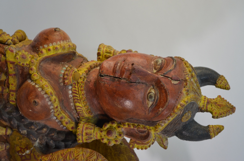A Tamil Nadu, or other Asian, polychrome wood figure of a winged Kamadhenu, dimensions without stand - Image 9 of 13