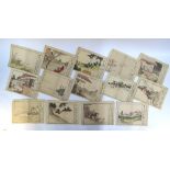 Fourteen Japanese prints, each one about 31 x 22 cm, depicting various buildings, gardens or