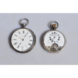 A silver Hebdomas Patent pocket watch with visible ancre escapement and enamel dial with silvered