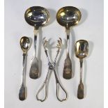 A pair of Victorian silver fiddle pattern sauce ladles, Elizabeth Eaton, London 1854, to/w two