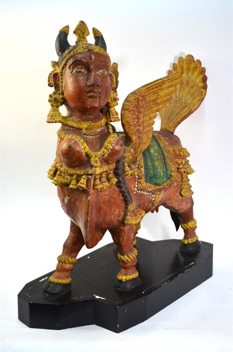 A Tamil Nadu, or other Asian, polychrome wood figure of a winged Kamadhenu, dimensions without stand - Image 8 of 13