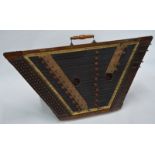 An antique hammer dulcimer, the brass-inlaid case with transfer details and loop handle, 92 cm