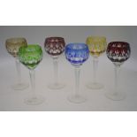 A set of six harlequin flash hock glasses with faceted stems, 21 cm high (6) No chips or cracks