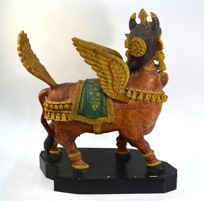 A Tamil Nadu, or other Asian, polychrome wood figure of a winged Kamadhenu, dimensions without stand - Image 6 of 13