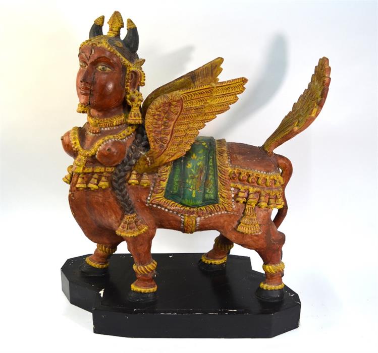 A Tamil Nadu, or other Asian, polychrome wood figure of a winged Kamadhenu, dimensions without stand - Image 3 of 13