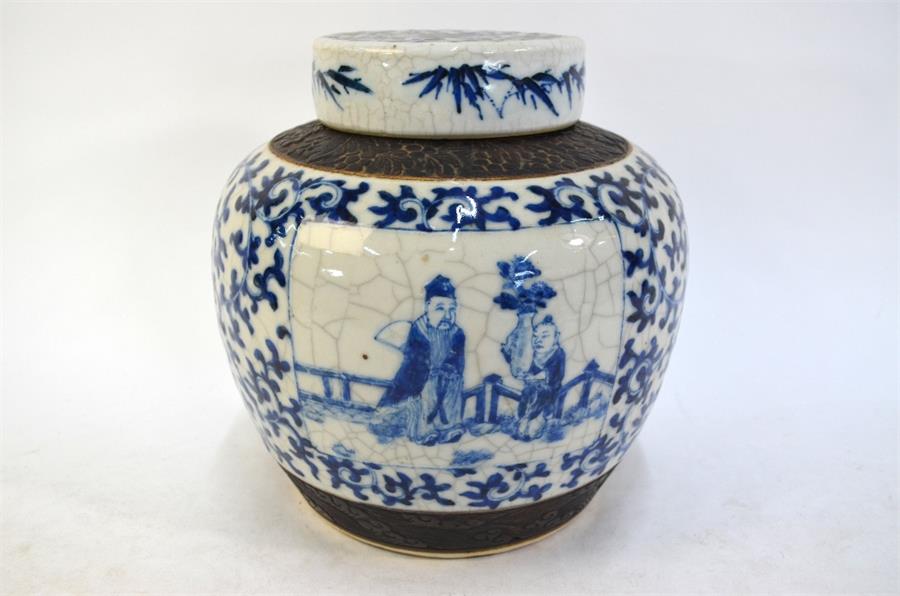 A large underglaze blue decorated Chinese vase with cylindrical cover; decorated with a Scholar - Image 4 of 12