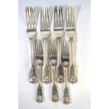 Four Victorian silver fiddle thread and shell table forks, London 1895, to/w three matching