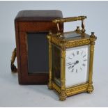 A Victorian Aesthetic period brass 8-day single train carriage clock, with enamelled dial, 13.5 cm h