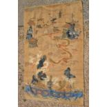A Chinese or Japanese textile, decorated with two dragons dominating a landscape of buildings and
