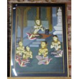 A Thai or Burmese picture of five figures within an interior, framed, overall dimensions about 120 x