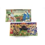 Kunichika Toyoharu (1835-1900), a Japanese oban triptych of a man pulling an obi from a Bijin or