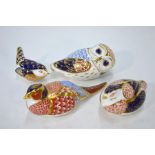 Three Royal Crown Derby Imari decorated paperweights, all silver stoppers:  Owl, Quail and Wren to/w