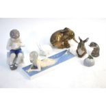 Six Royal Copenhagen models:  Dachshund, 1407;  Mermaid in Water paperweight, 1212;  Rabbit,