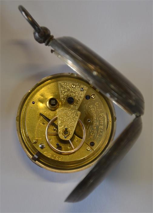 A Victorian silver hunt pocket watch with key-wind lever movement no.43528 by G. J. Powell of - Image 2 of 2