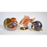 Three Royal Crown Derby decorated paperweights, without stoppers:  Carp, 1986;  Cockerel, 1992 and