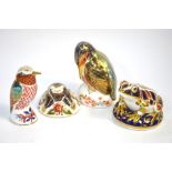 Four Royal Crown Derby paperweights, all gold stoppers:  Frog;  Woodpecker, 1993;  Mole, 1994 and