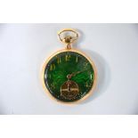 A Continental yellow metal open-faced pocket watch, the green basse-taille enamel dial with