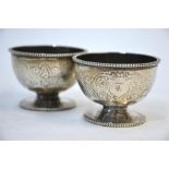 A pair of Victorian circular open salts on flared foot with beaded rims and gothic shallow-